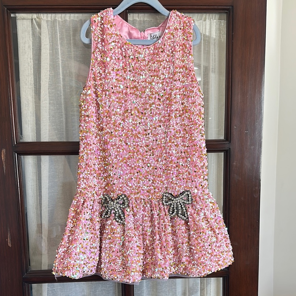 Lola + the Boys Pink Sequin Kids Dress with Bow Accents